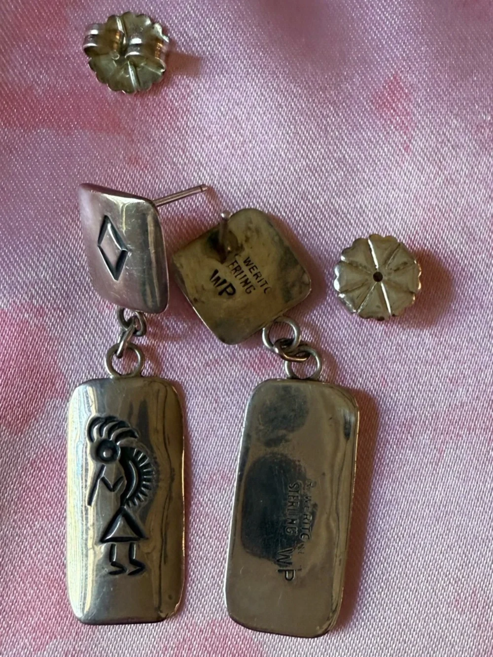 Vintage Sterling Silver Kokopelli Drop Earrings - Silver